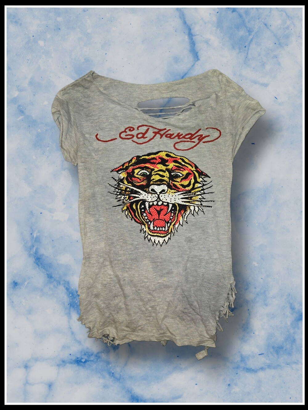 Ed Hardy Grey Women's Tiger Graphic Tee with Red Logo